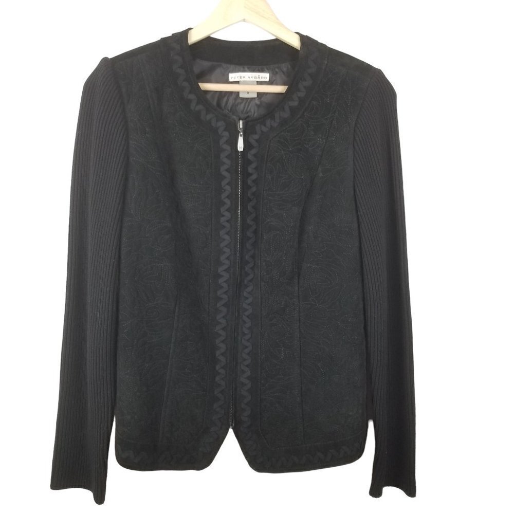 PETER Nygard Jacket‎ Womens Small Black leather Embroidered Ribbed Knit Neutral